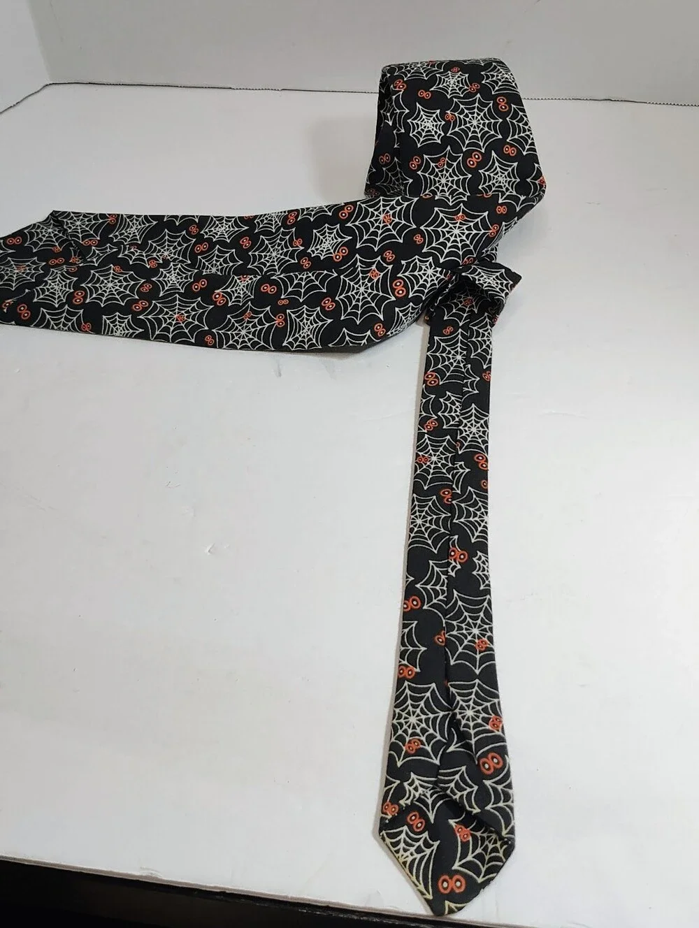 Halloween Tie - Eyeballs & Spider Webs Black White And Orange Spooky Tie